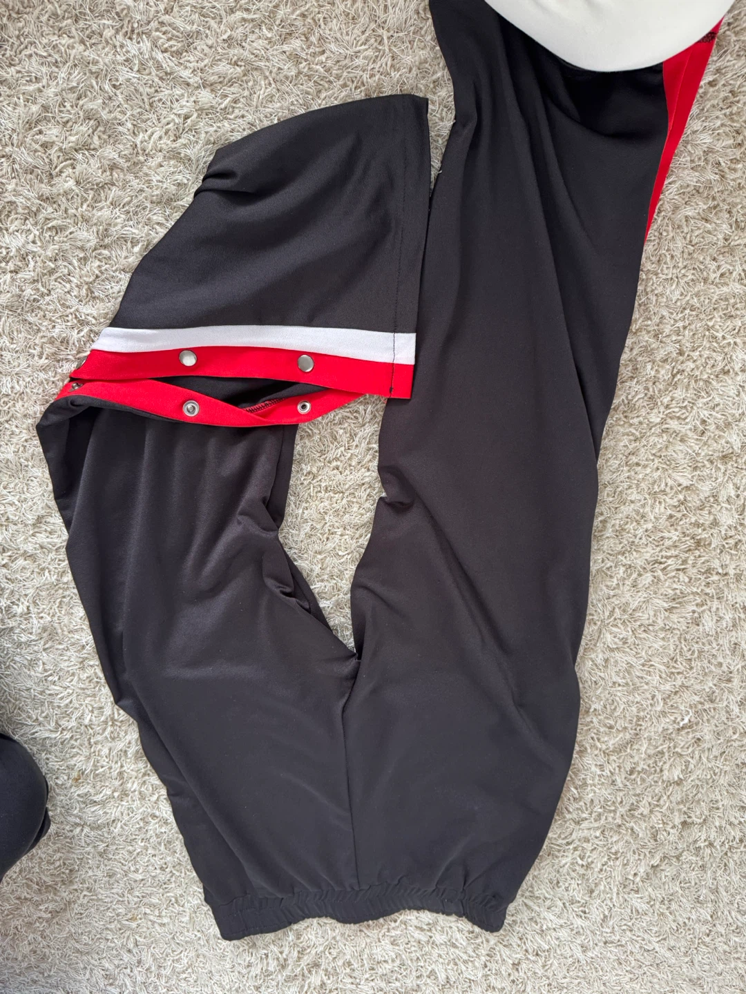 Black Snap Button Track Pants with Red and White Stripe