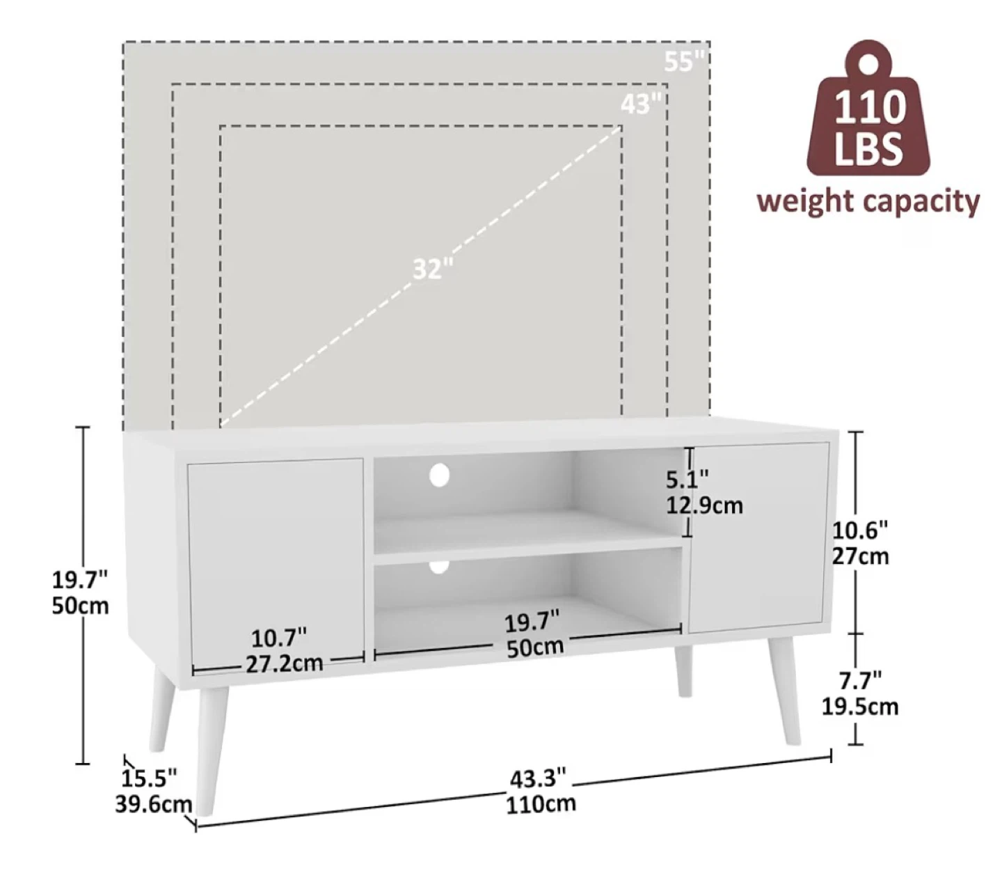 White TV Stand with Storage - 43.3" L - photo 2