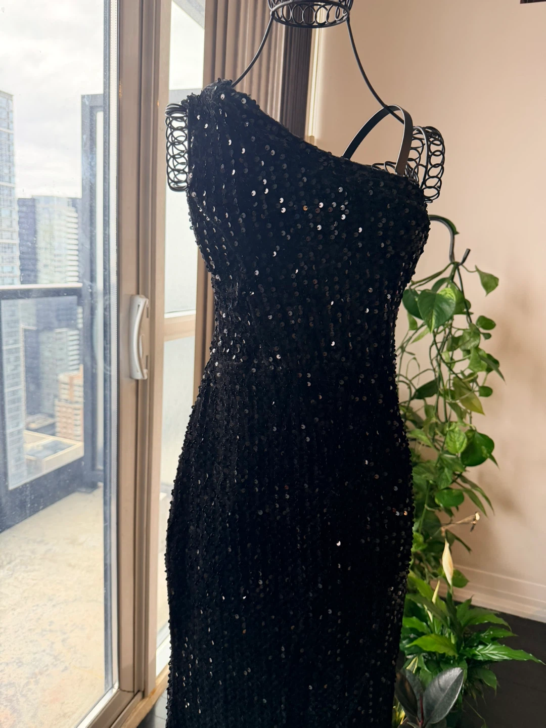 Black Sequin One-Shoulder Maxi Dress with Slit
