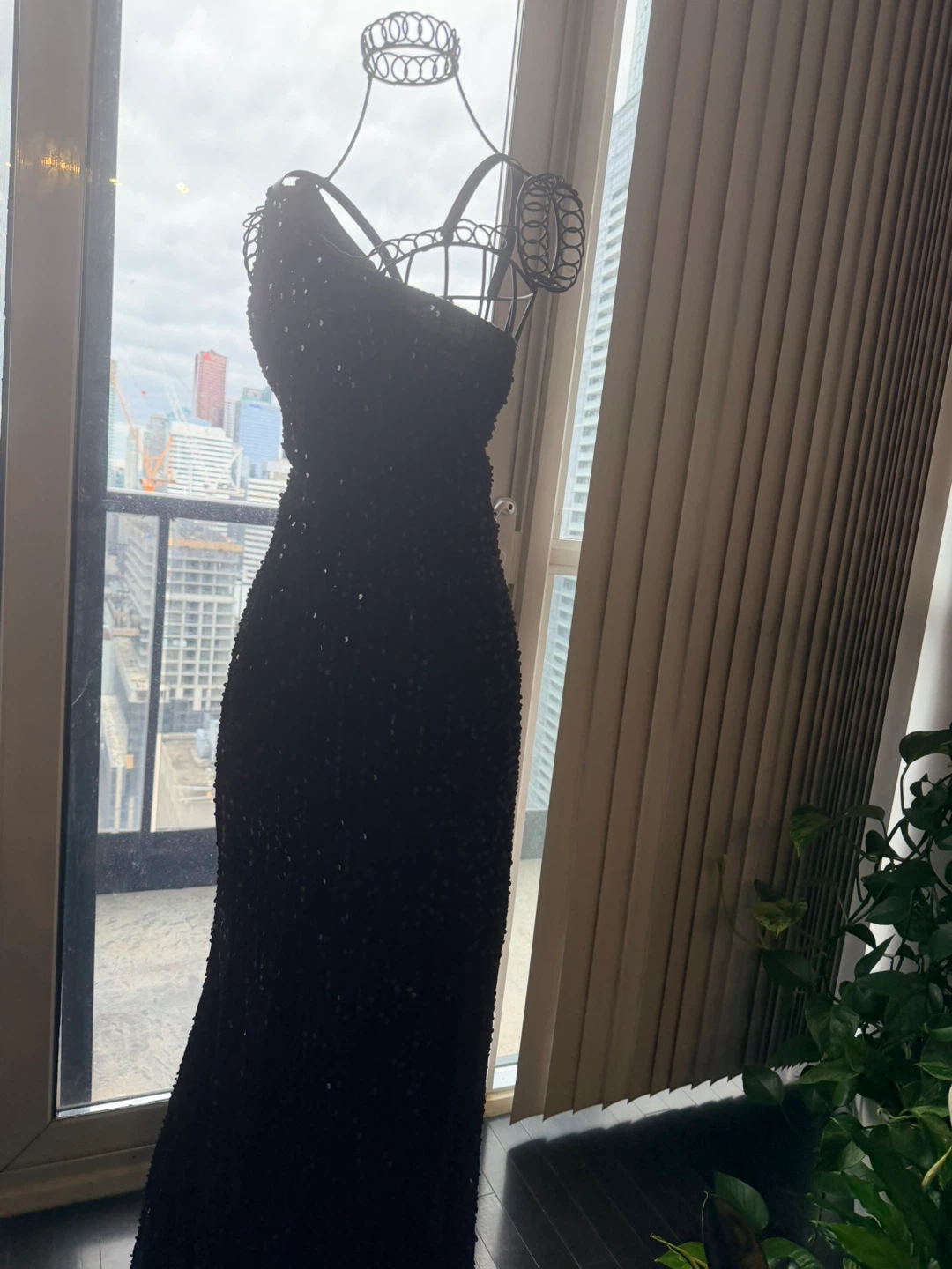 Black Sequin One-Shoulder Maxi Dress with Slit - photo 3