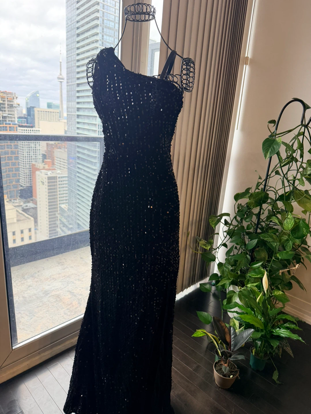 Black Sequin One-Shoulder Maxi Dress with Slit - photo 2