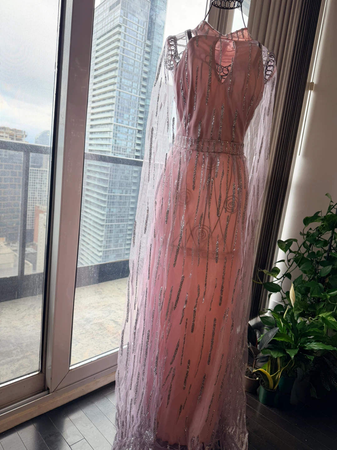 Pink sequined gown with sheer overlay - photo 4