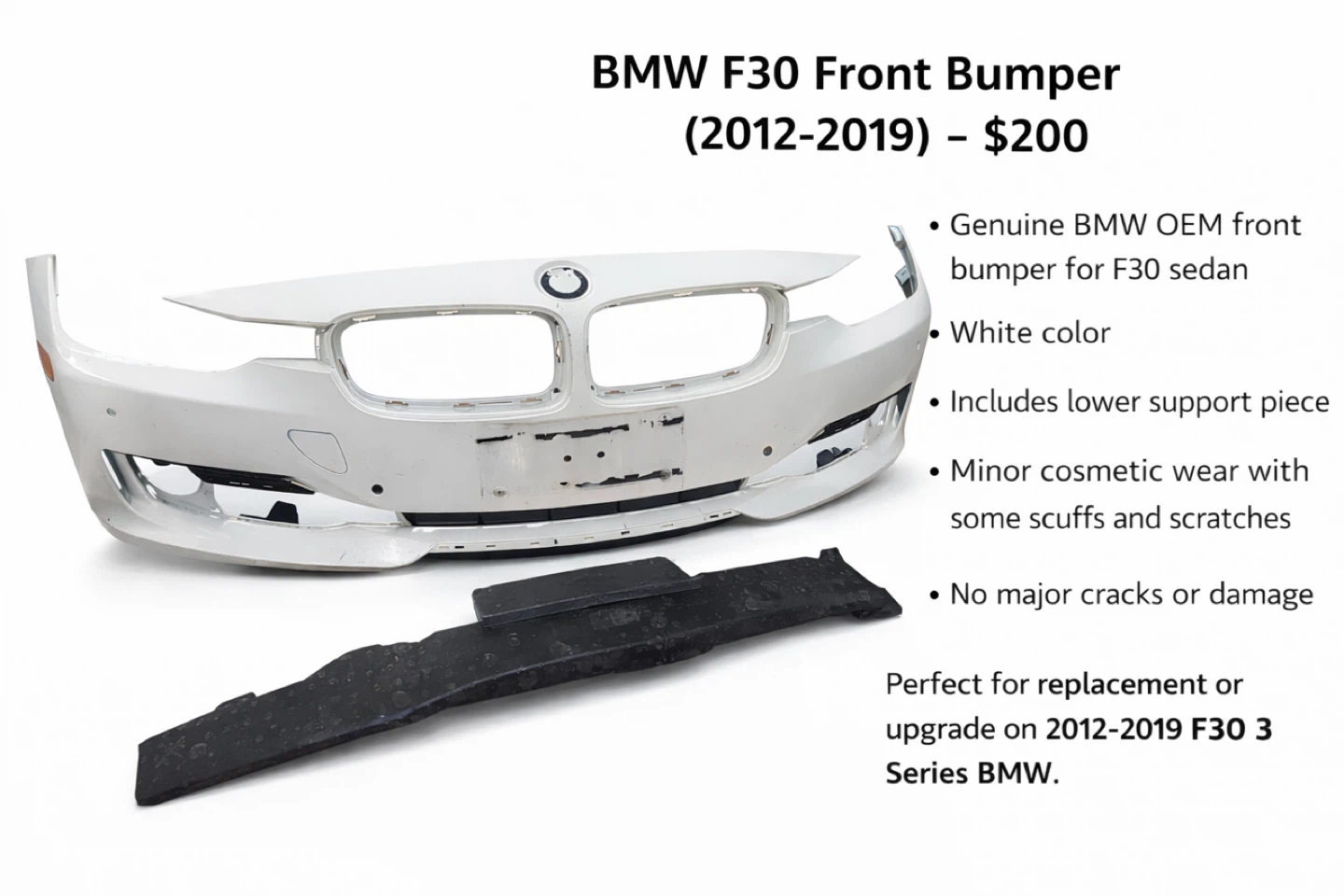 BMW F30 Front Bumper OEM White Non M Sport w/ PDC Sensors