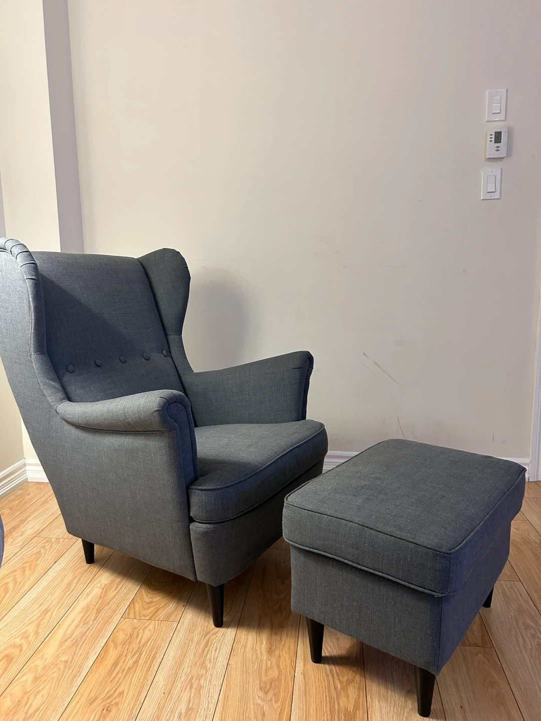 IKEA -Grey Fabric Wingback Chair and Ottoman Set