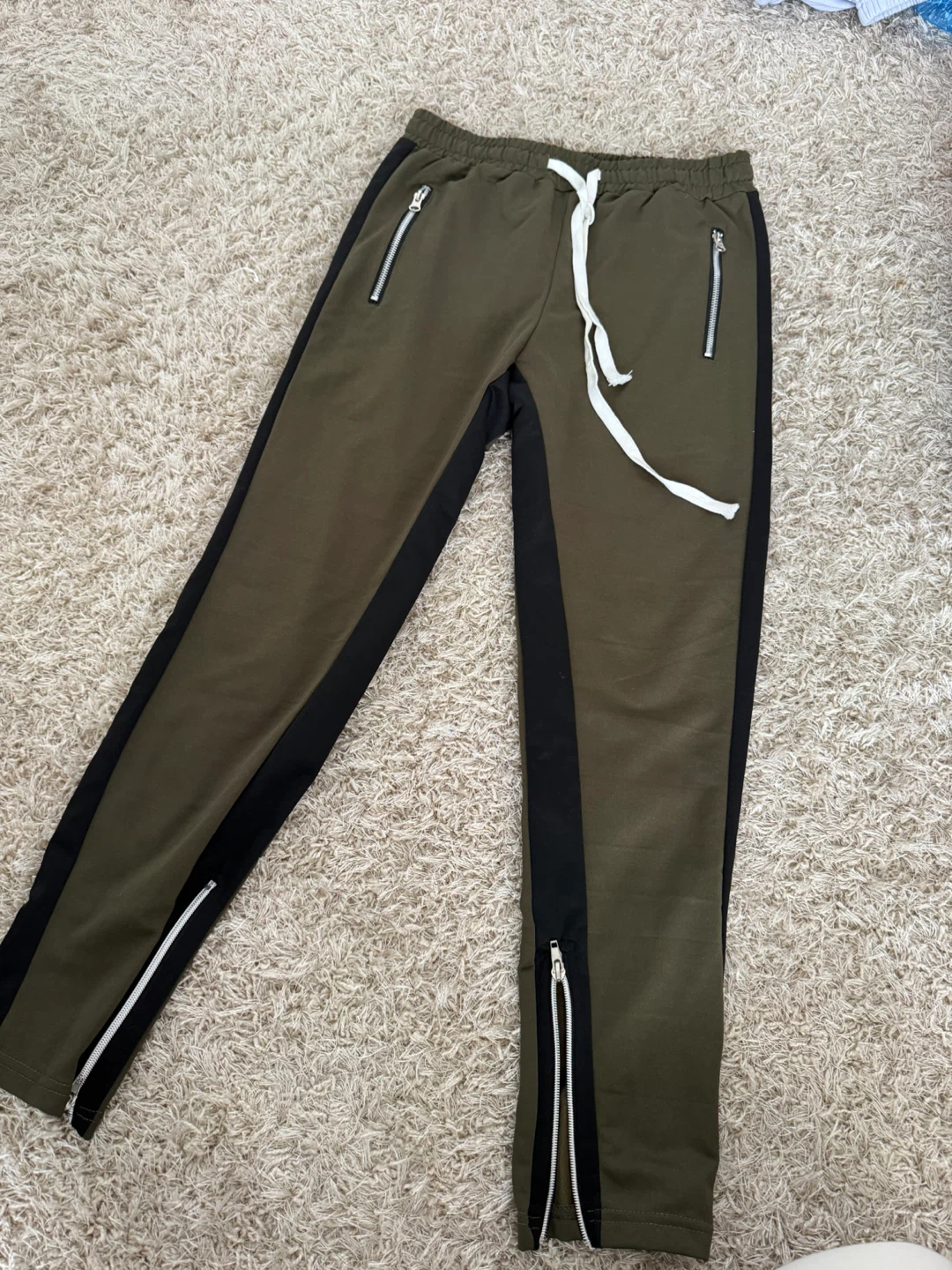 Men's Olive Green Track Pants with Zippers