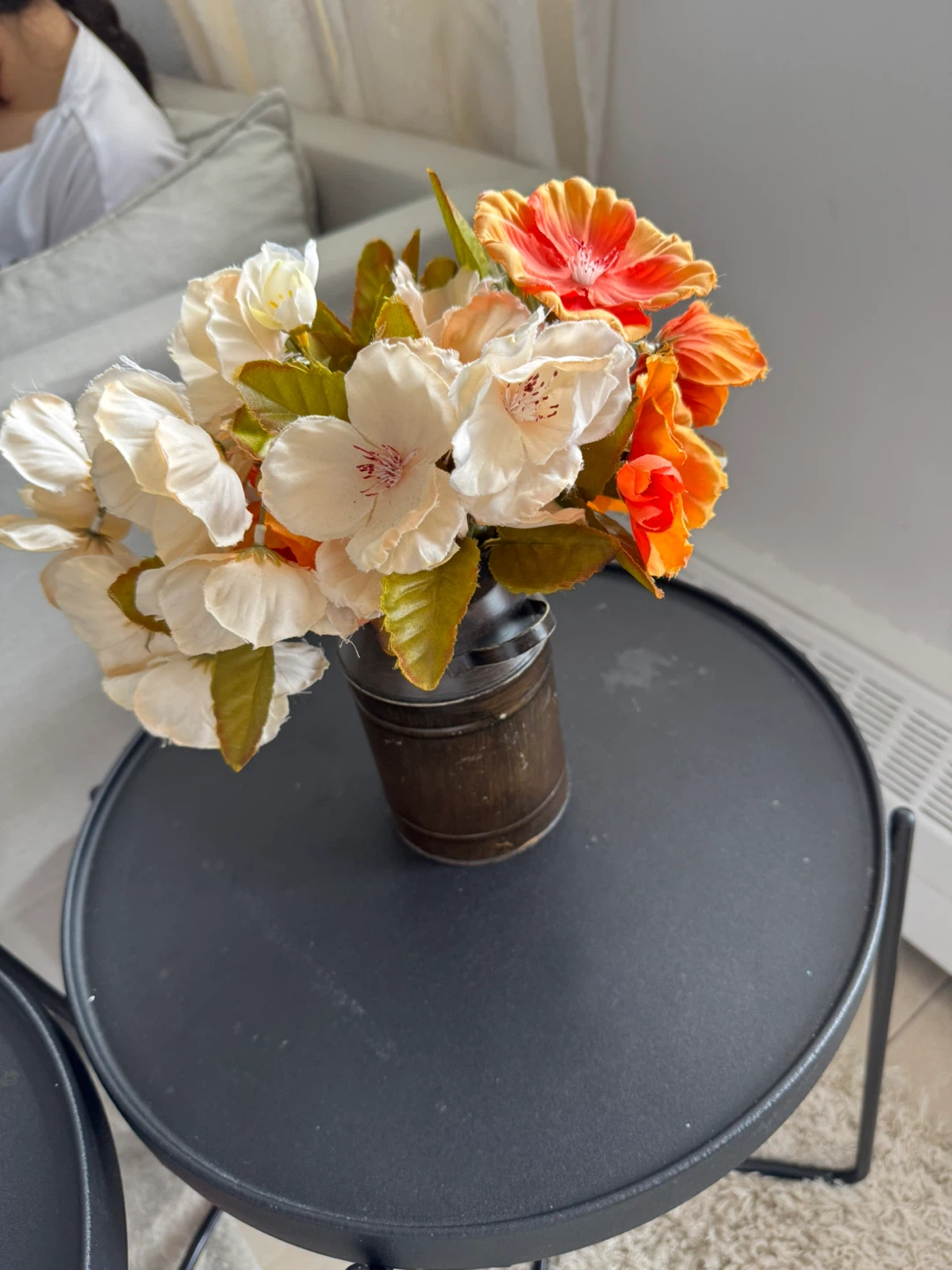 Artificial Flower Arrangement in Metal Milk Can Vase