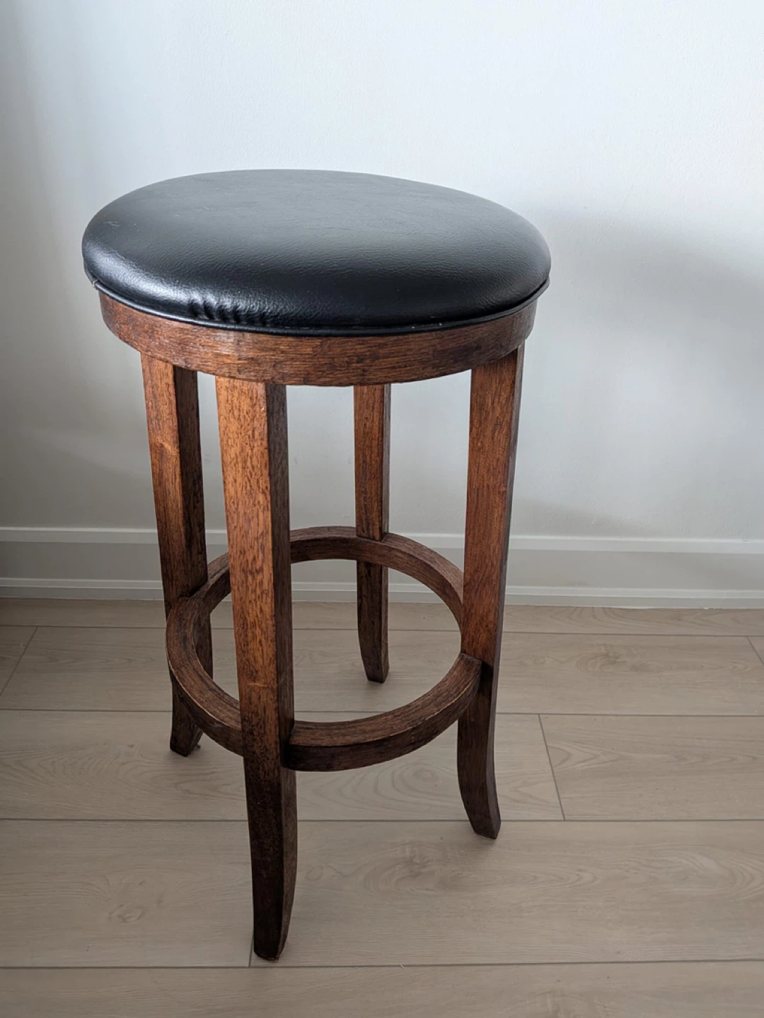 Wooden Bar Stool with Black Faux Leather Seat