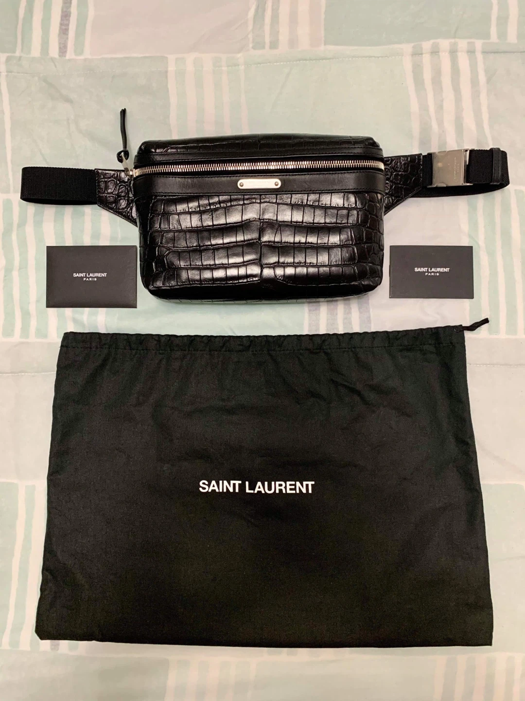 Saint Laurent Black Crocodile Embossed Leather Belt Bag