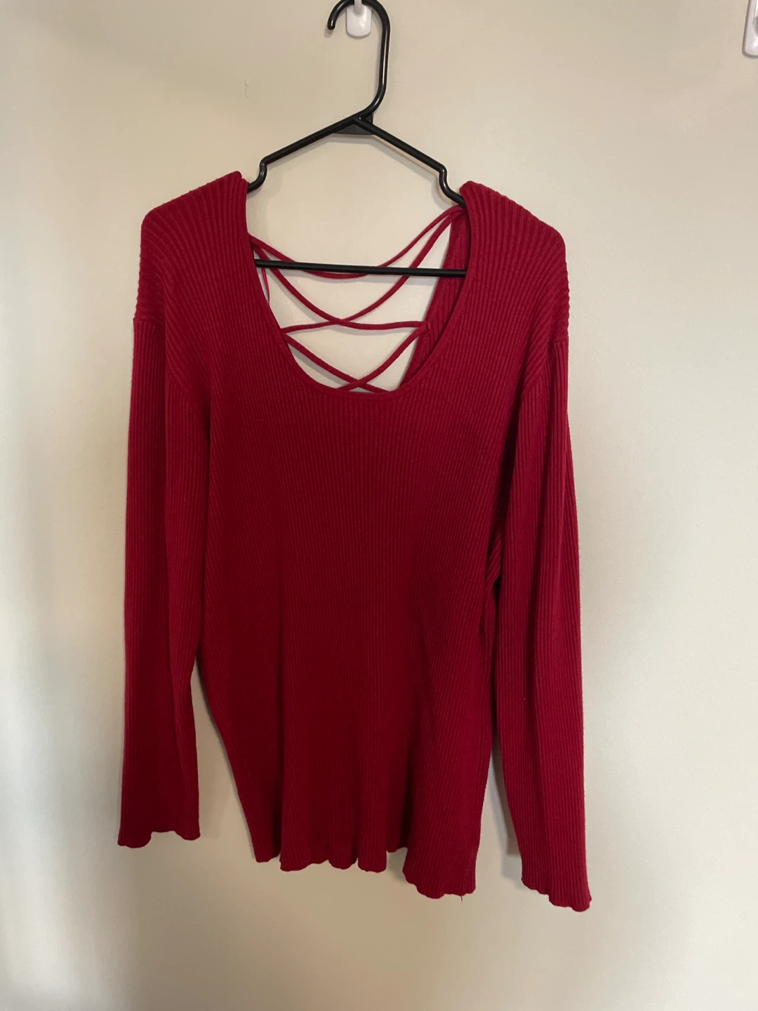 Red Ribbed Long Sleeve Sweater with Criss-Cross Back