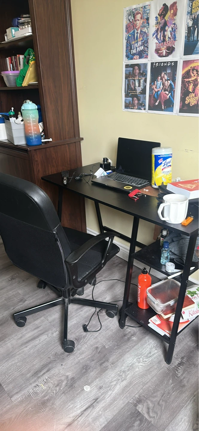 Black Table + Office Chair with Wheels