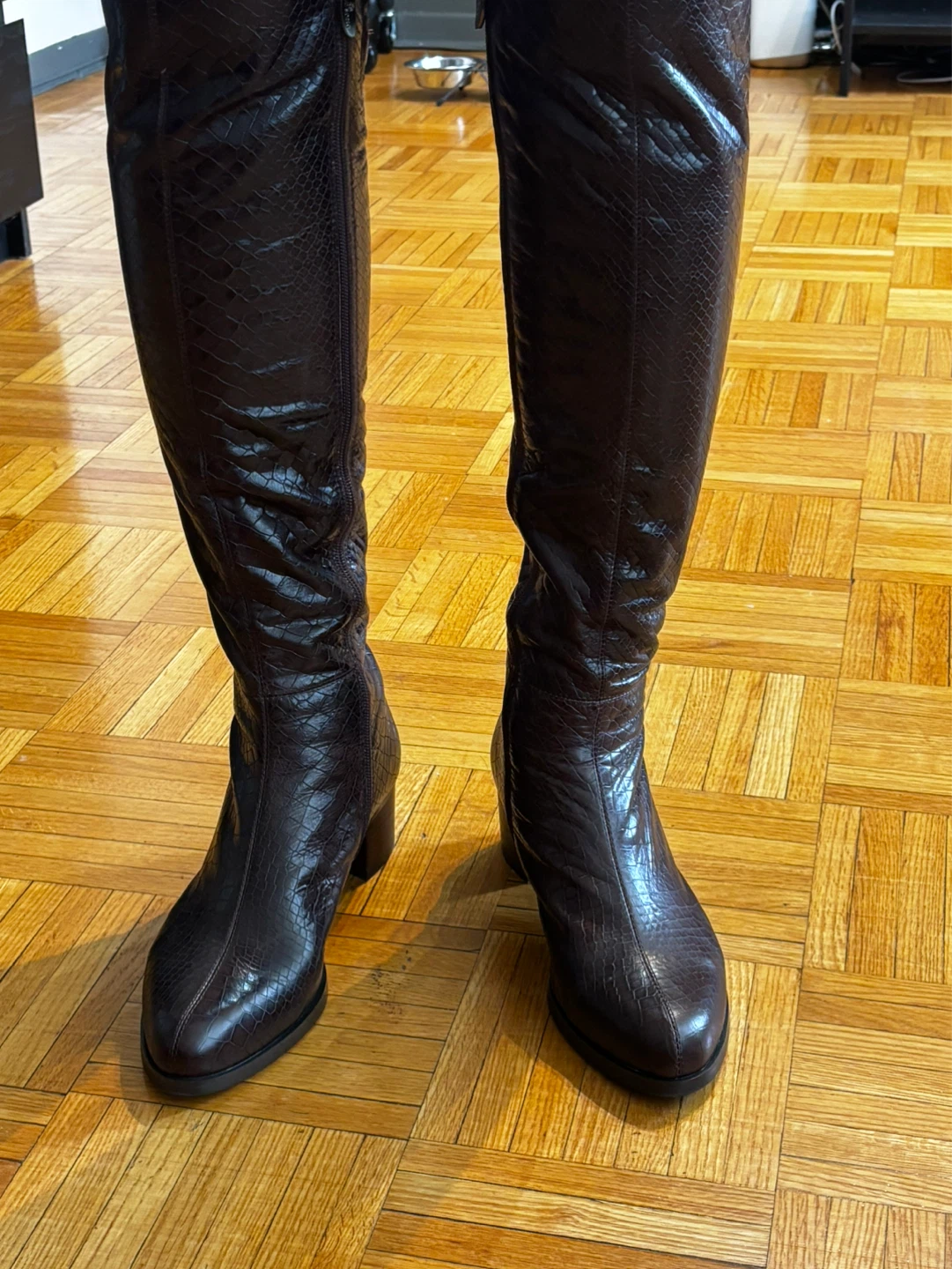 SOLO SONG Brown Snake Print Knee-High Boots