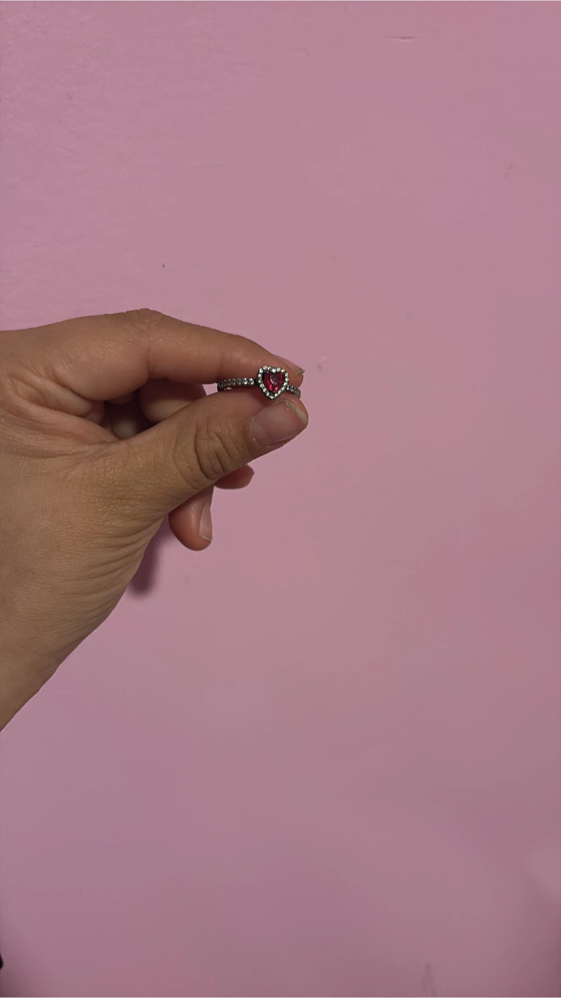 Heart Shaped Ring with Red Stone and Rhinestones