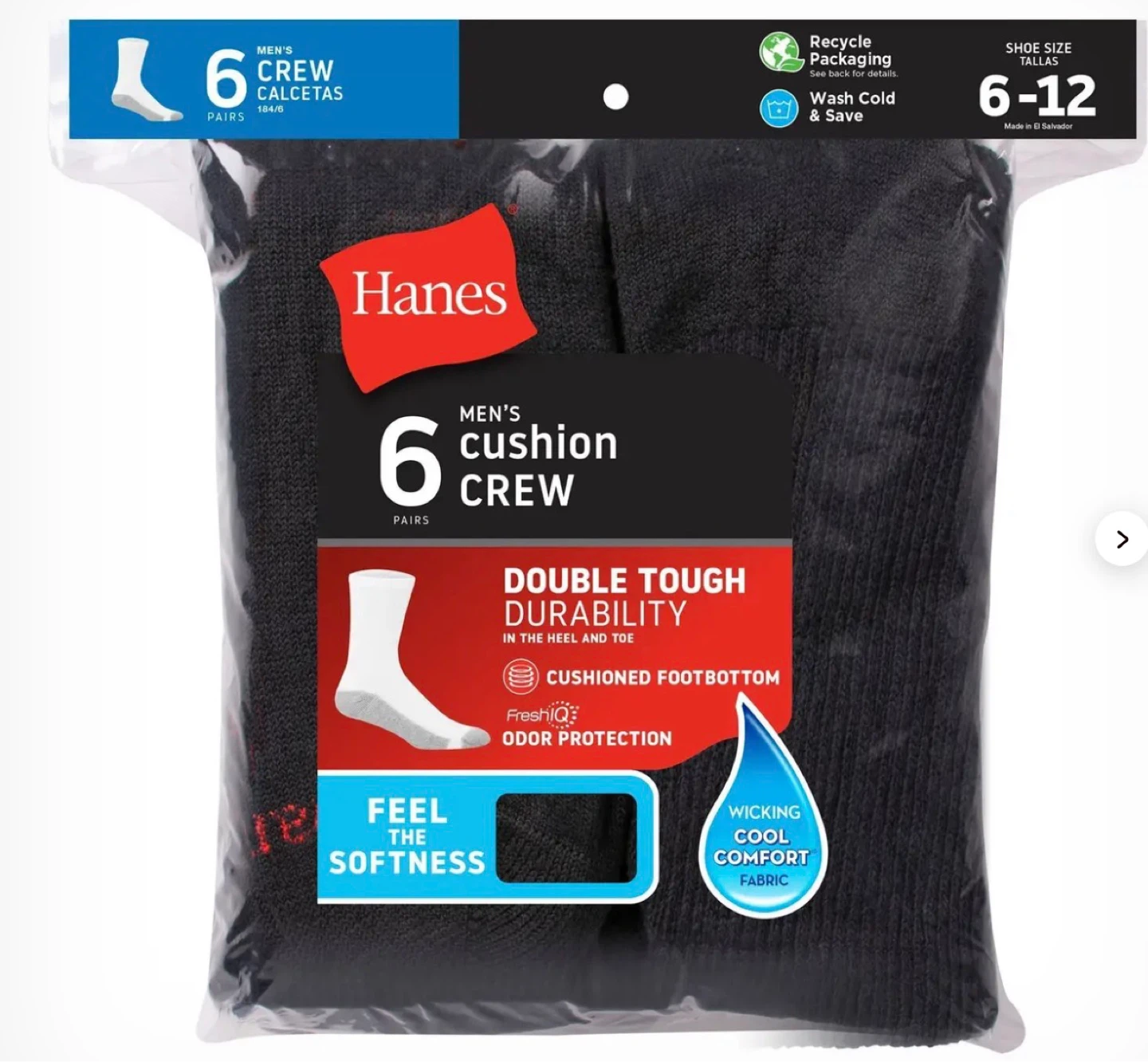 Hanes Men's 8-Pair Black Cushion Crew Socks