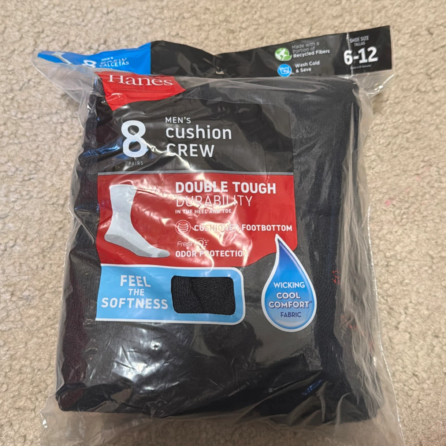 Hanes Men's 8-Pair Black Cushion Crew Socks - photo 4