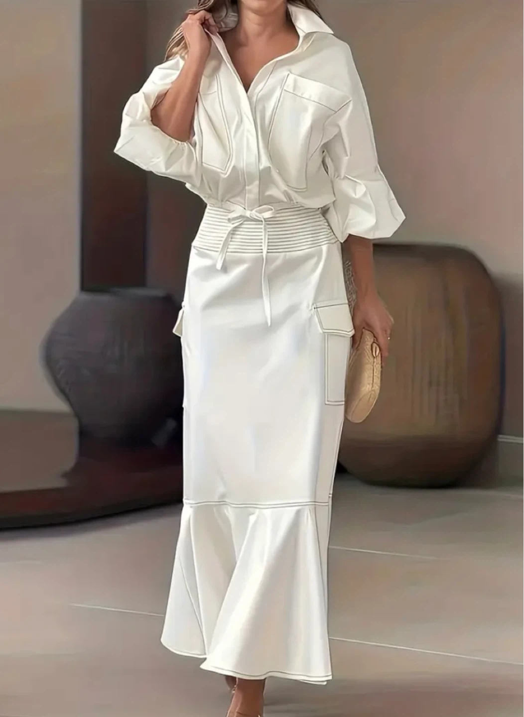 White Button-Up Shirt and Maxi Skirt Set - photo 5