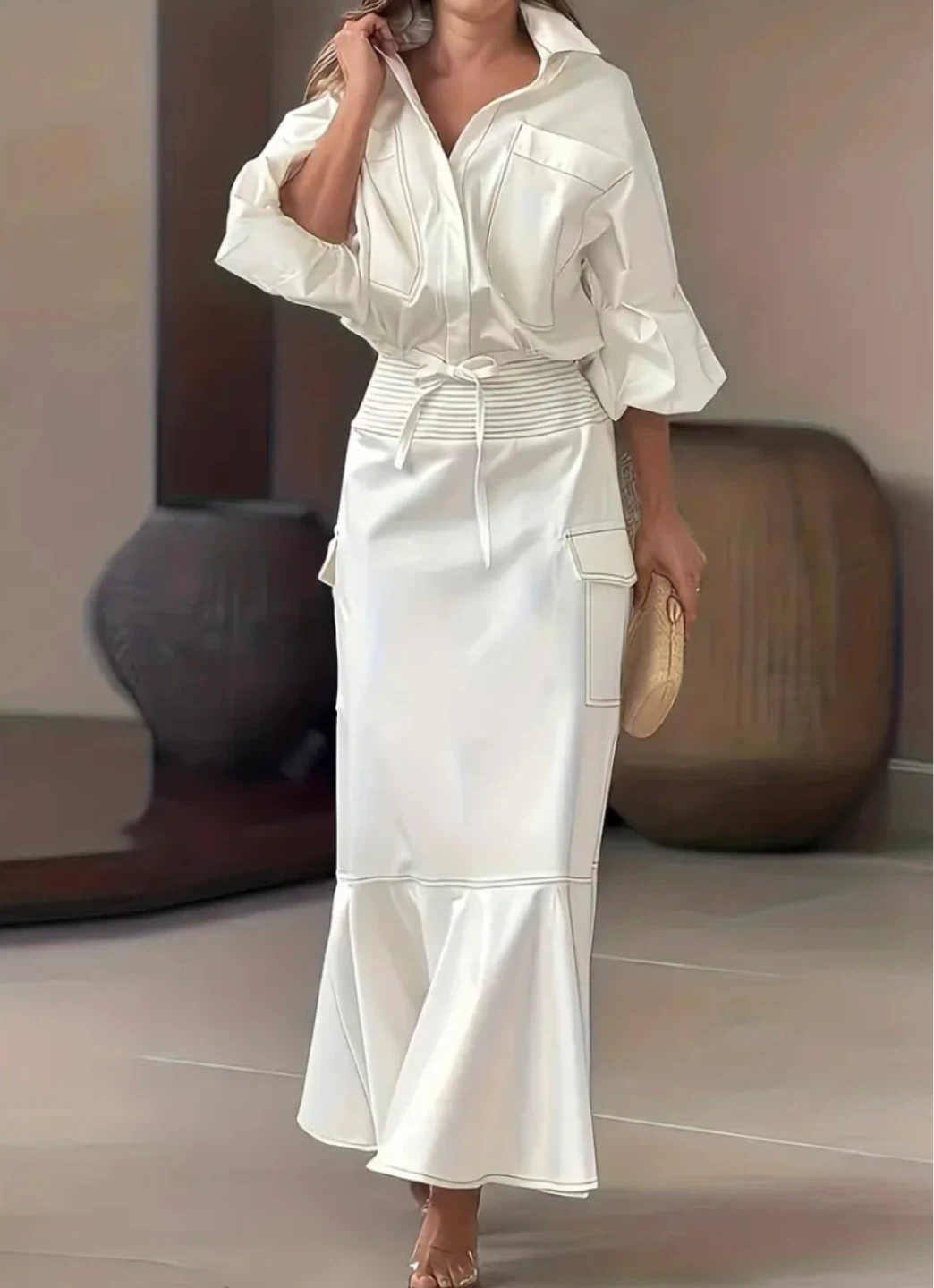 White Button-Up Shirt and Maxi Skirt Set