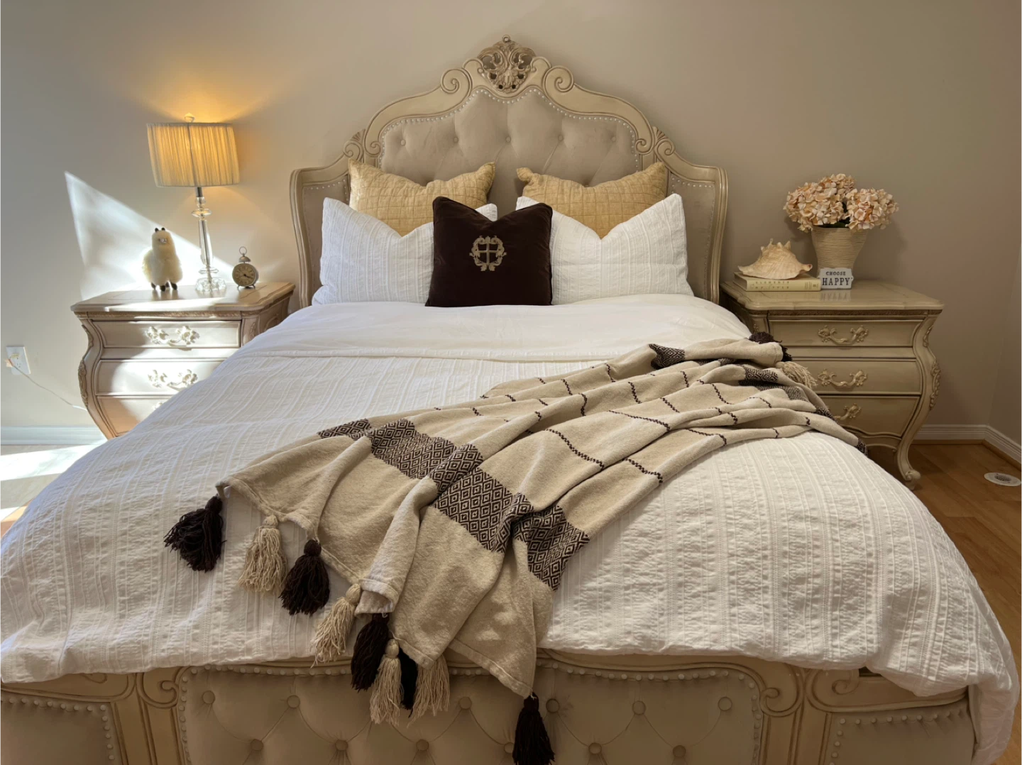 Cream French Provincial Queen Bed + 2 Nightstands