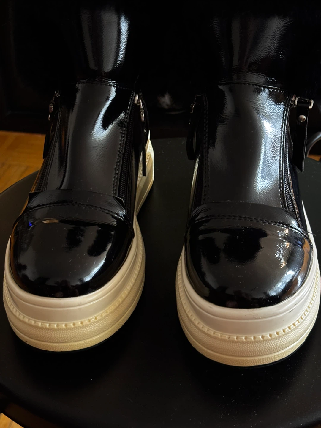 Black Patent Fur Trimmed Sneakers