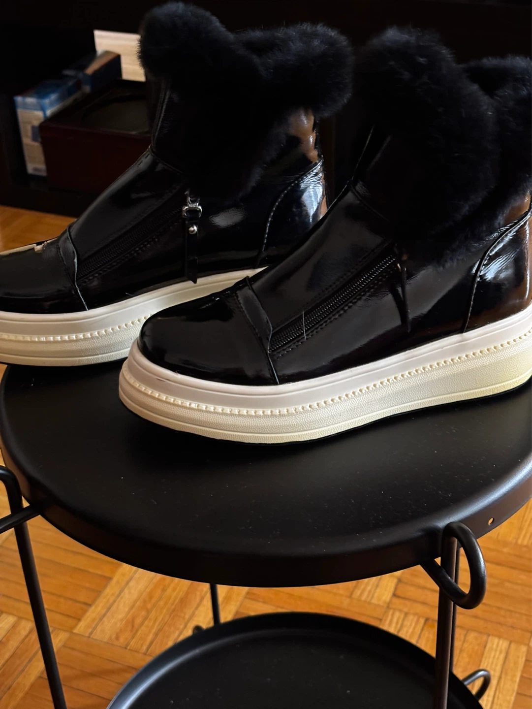 Black Patent Fur Trimmed Sneakers - photo 2