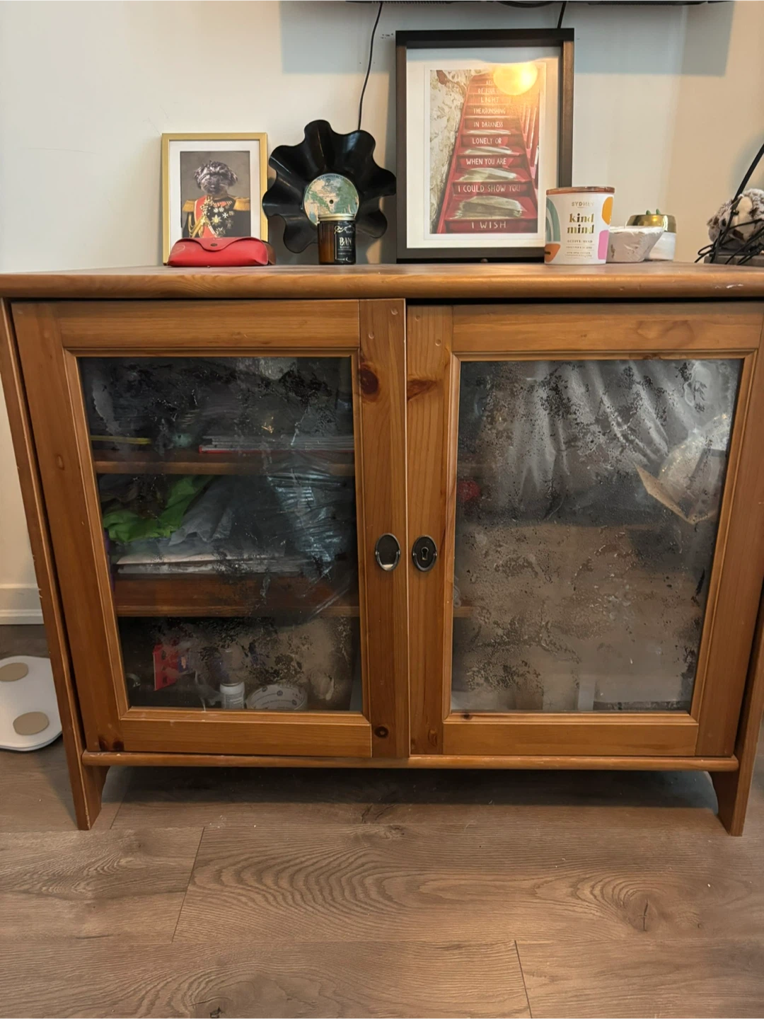 Wooden Media Console with Glass Doors