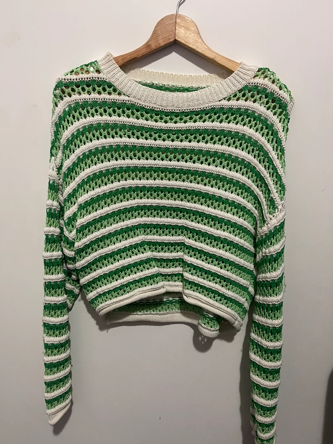 Green and White Striped Crochet Sweater