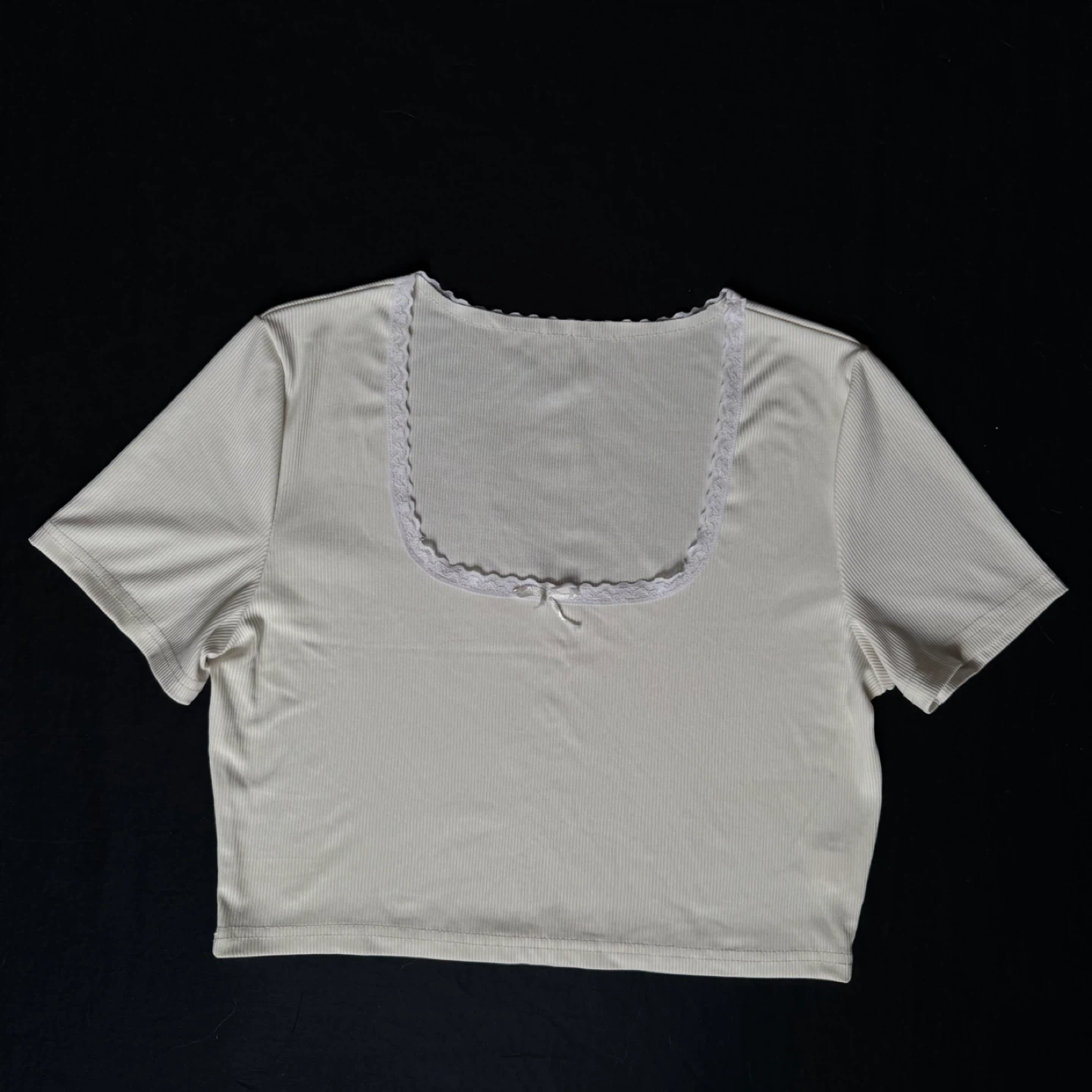 Cream Ribbed Square Neck Cropped Top with Lace Trim - photo 3