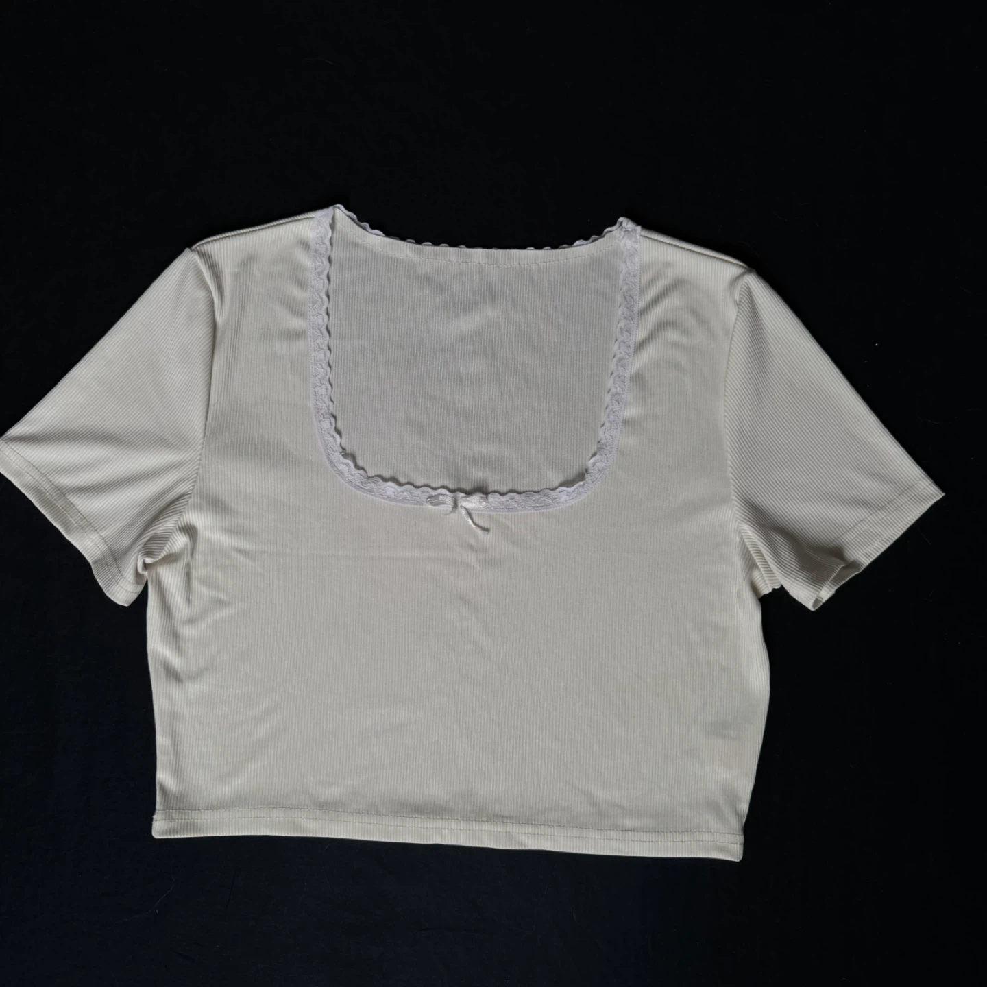 Cream Ribbed Square Neck Cropped Top with Lace Trim