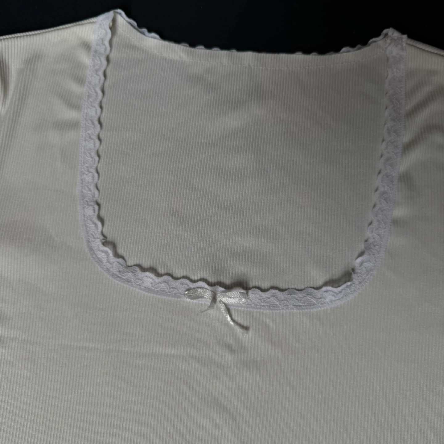 Cream Ribbed Square Neck Cropped Top with Lace Trim - photo 2