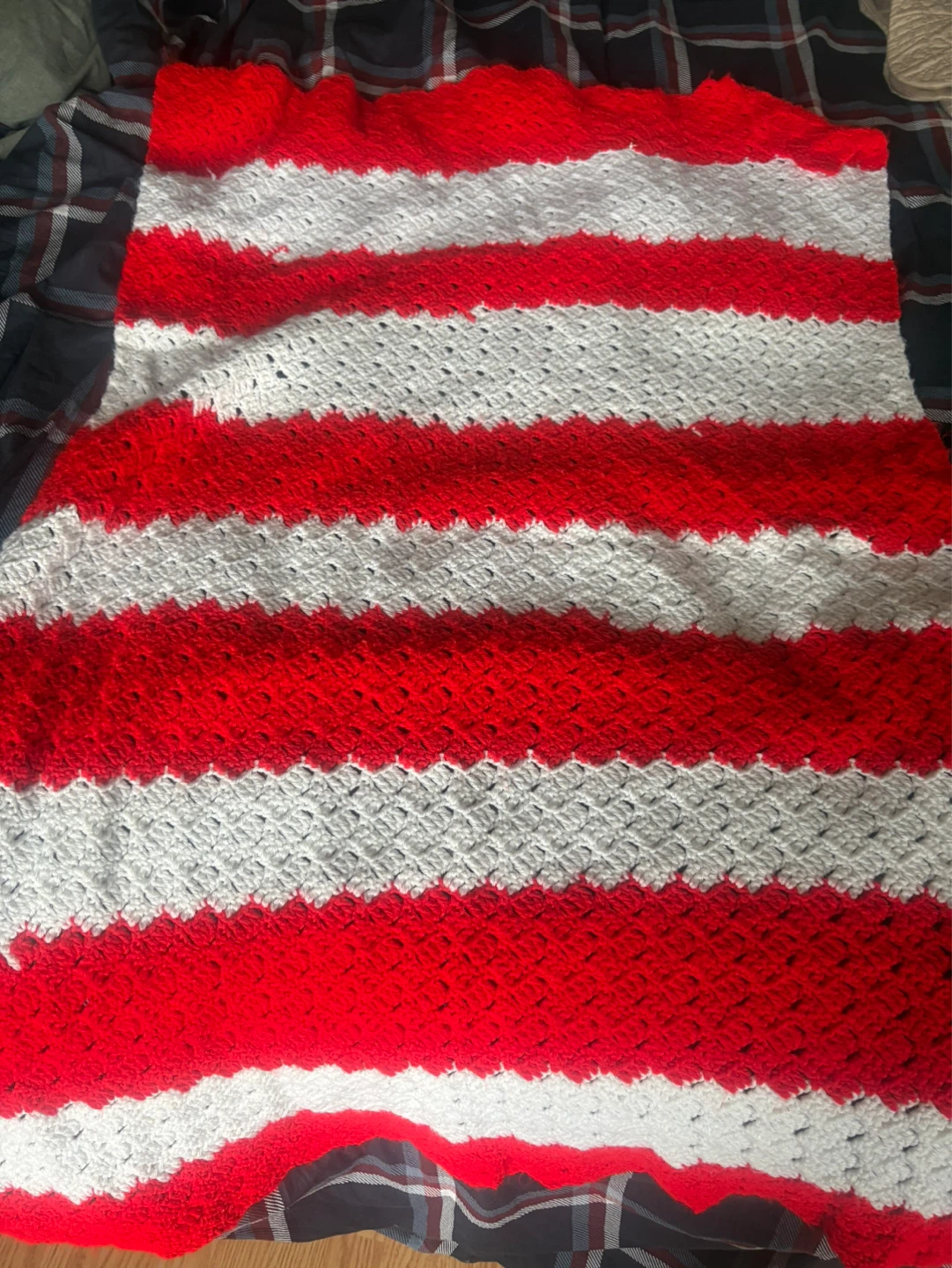 Crocheted Red and White Striped Blanket
