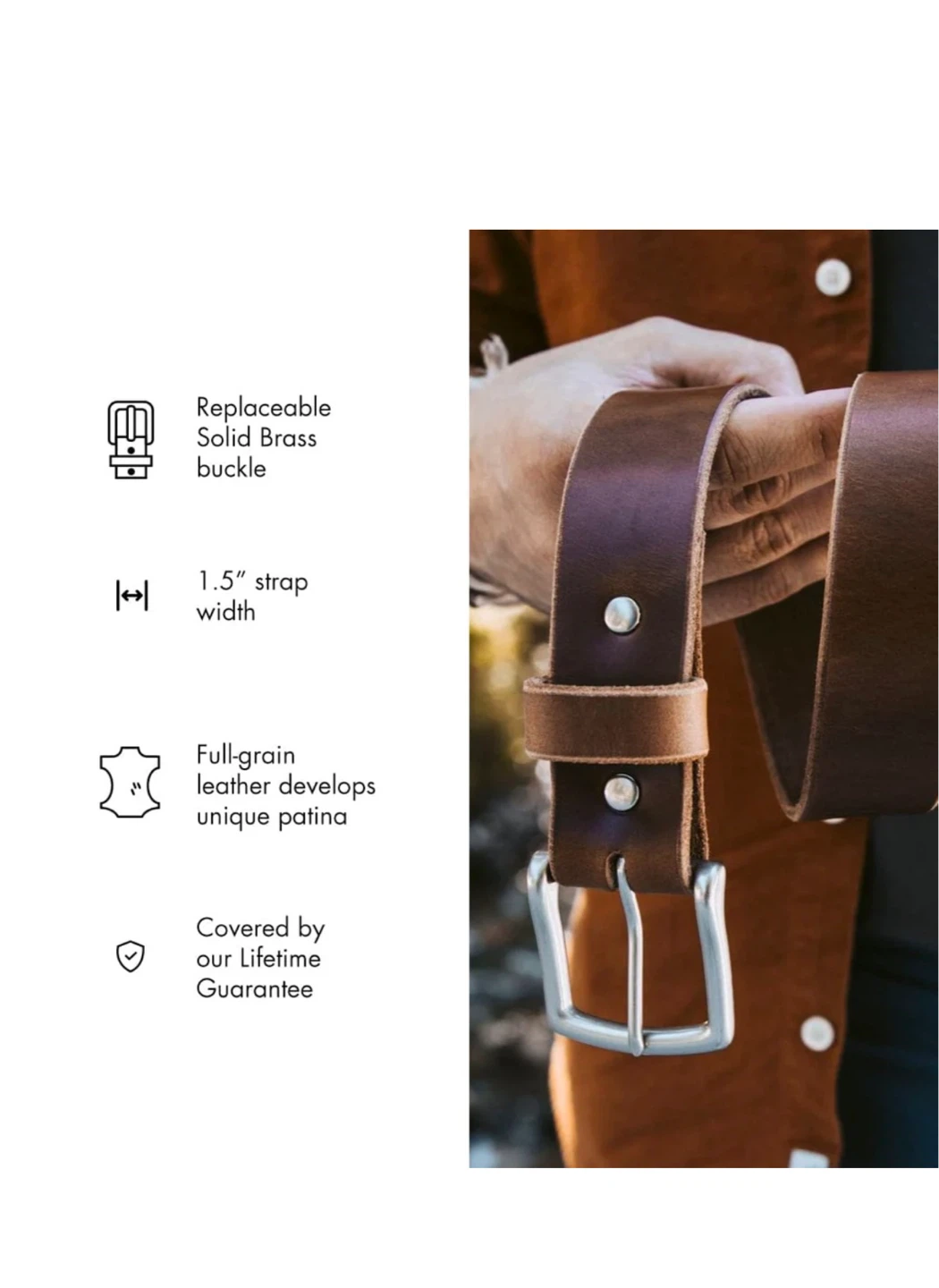 Popov Leather Belt - Full Grain Leather, 1.5" Strap Width, Brown - photo 2