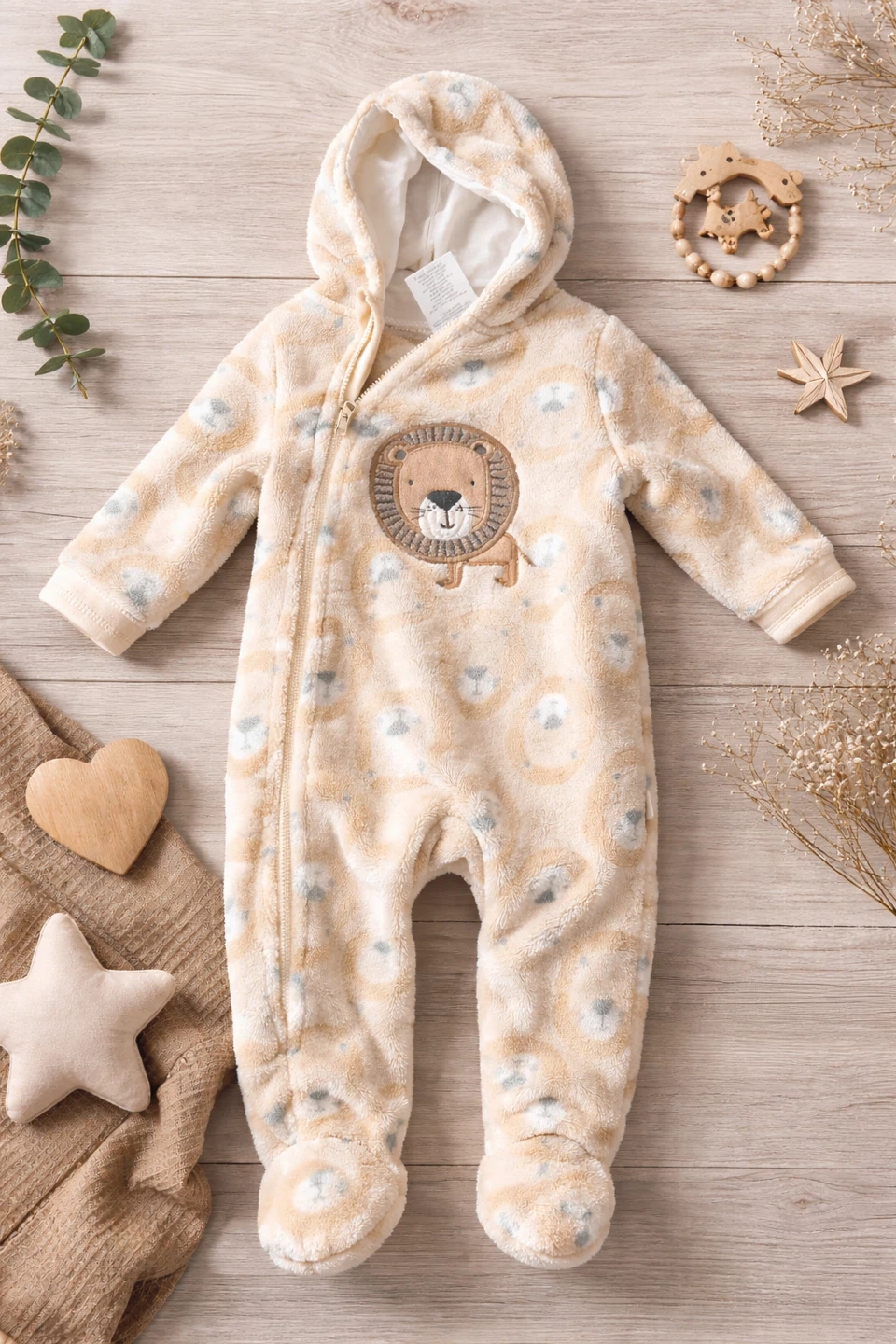 Baby Fleece Hooded Snowsuit Lion Print
