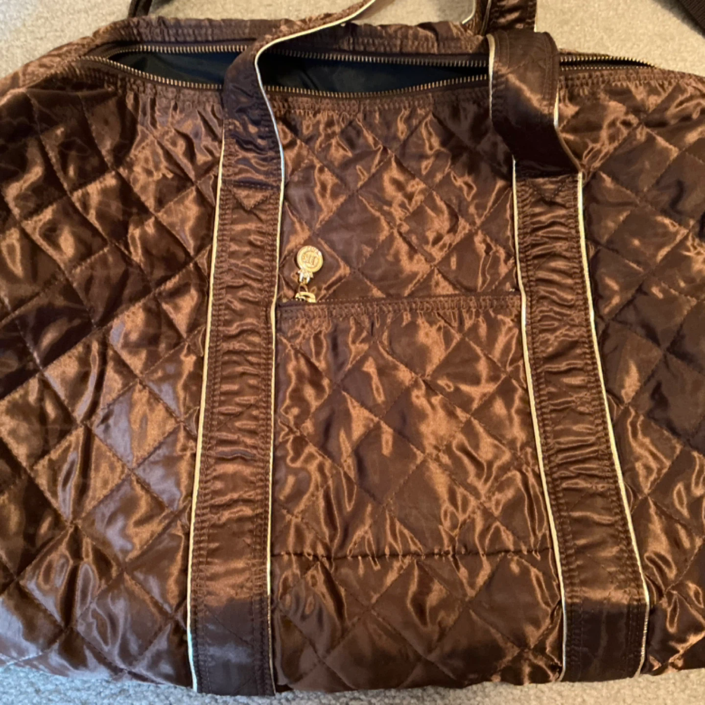 Brown Quilted Duffel Bag with Gold Accents - photo 3