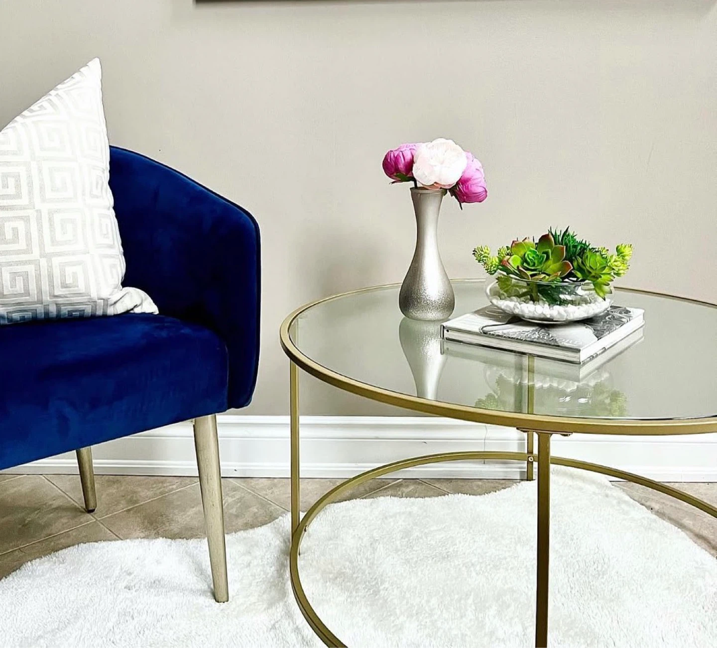 Round Glass Coffee Table with Gold Metal Frame