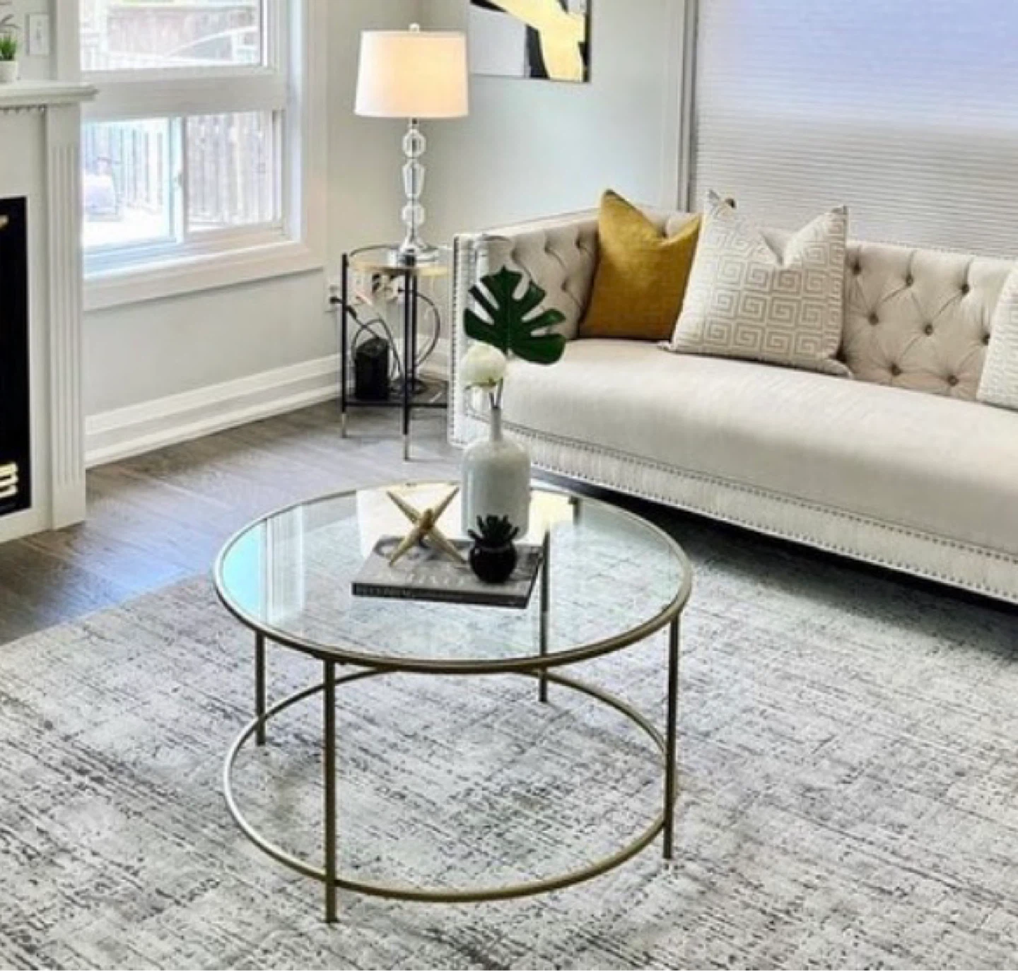 Round Glass Coffee Table with Gold Metal Frame - photo 3
