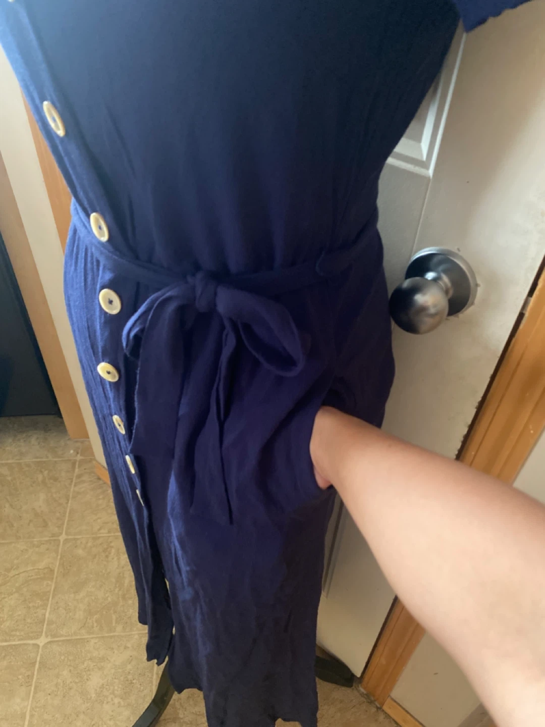 Wilfred Navy Button-Front Midi Shirt Dress with Waist Tie - photo 5
