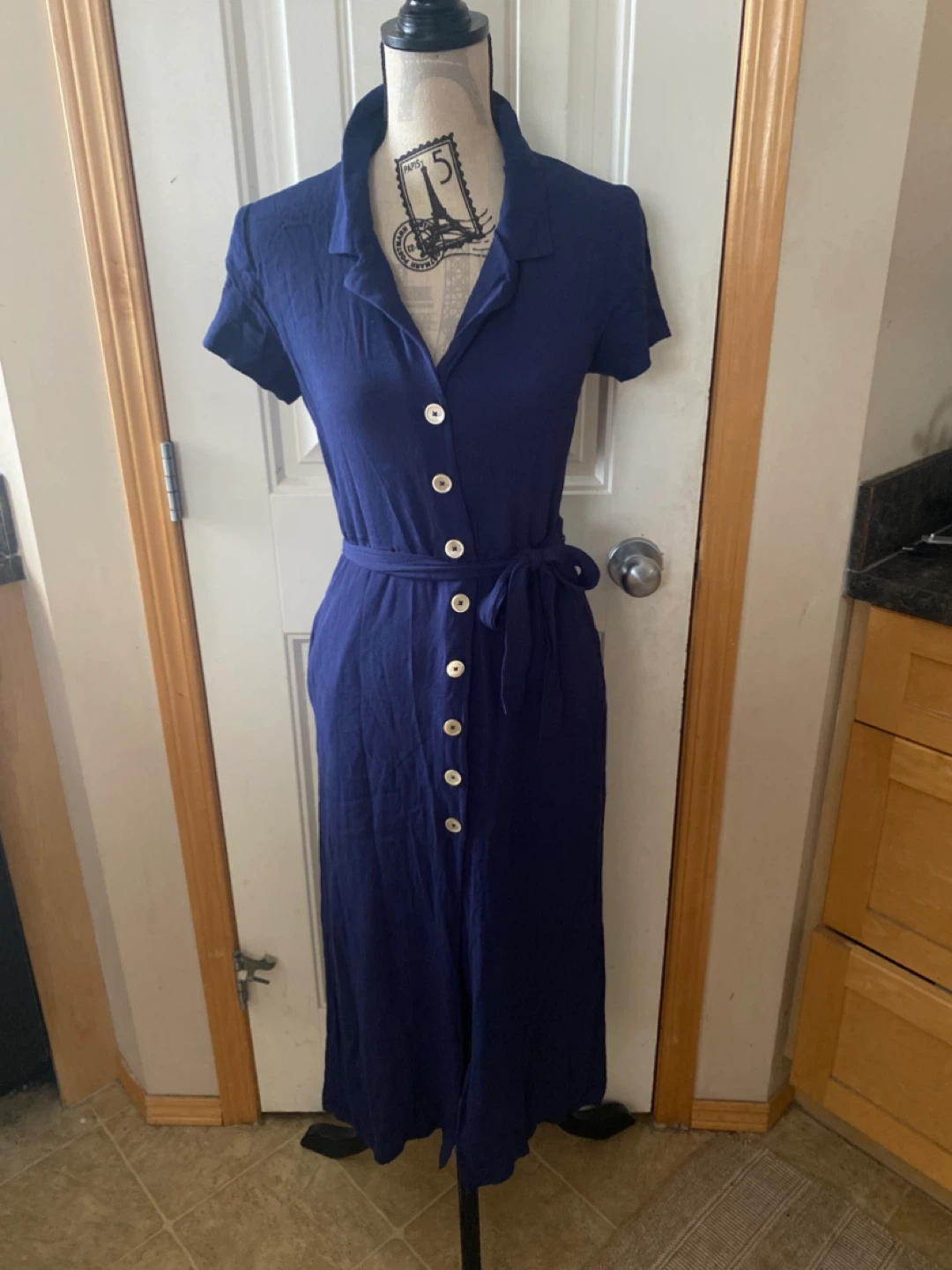 Wilfred Navy Button-Front Midi Shirt Dress with Waist Tie