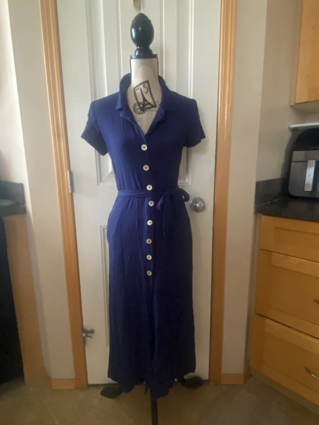 Wilfred Navy Button-Front Midi Shirt Dress with Waist Tie - photo 3