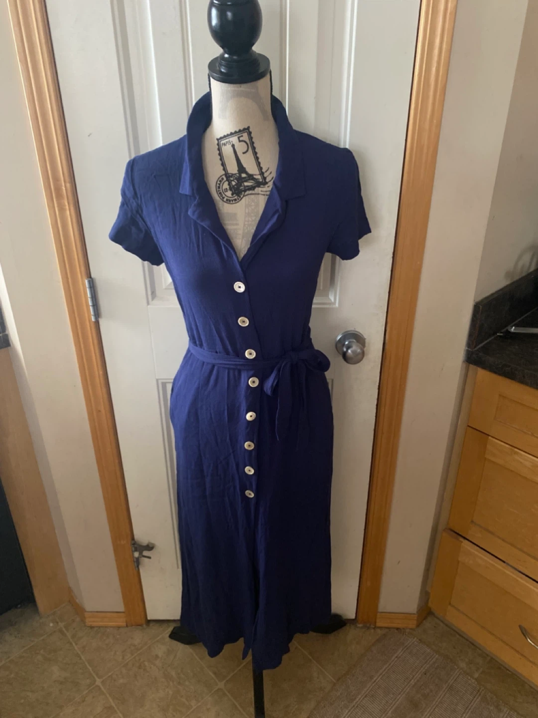 Wilfred Navy Button-Front Midi Shirt Dress with Waist Tie - photo 2