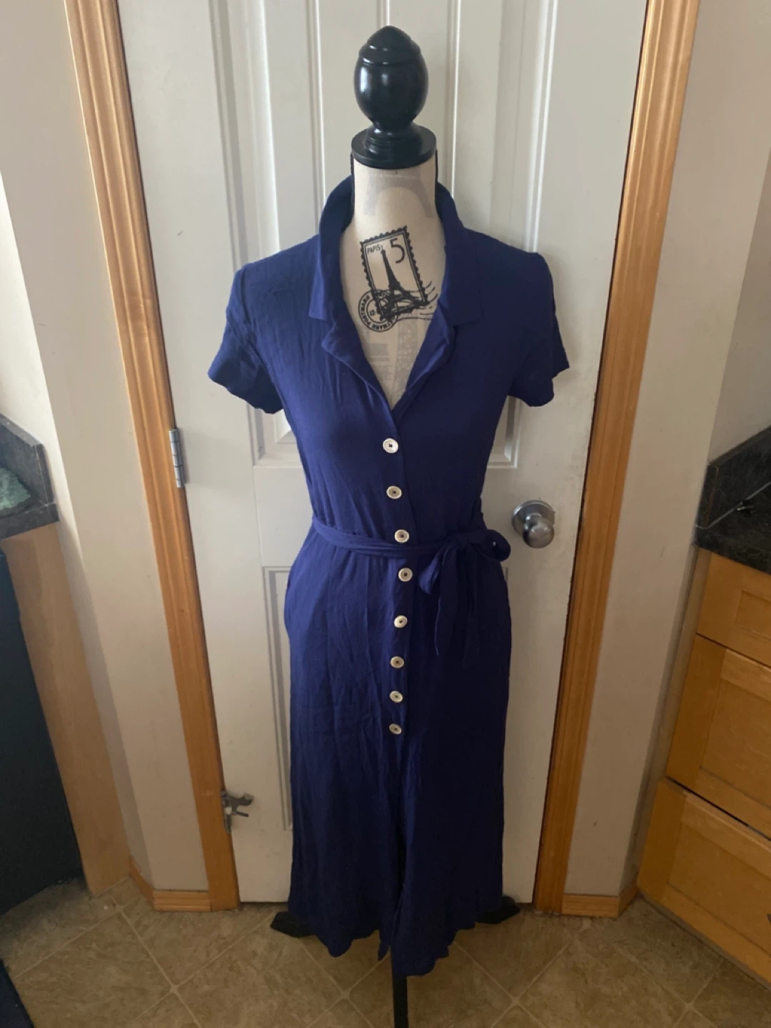 Wilfred Navy Button-Front Midi Shirt Dress with Waist Tie - photo 4