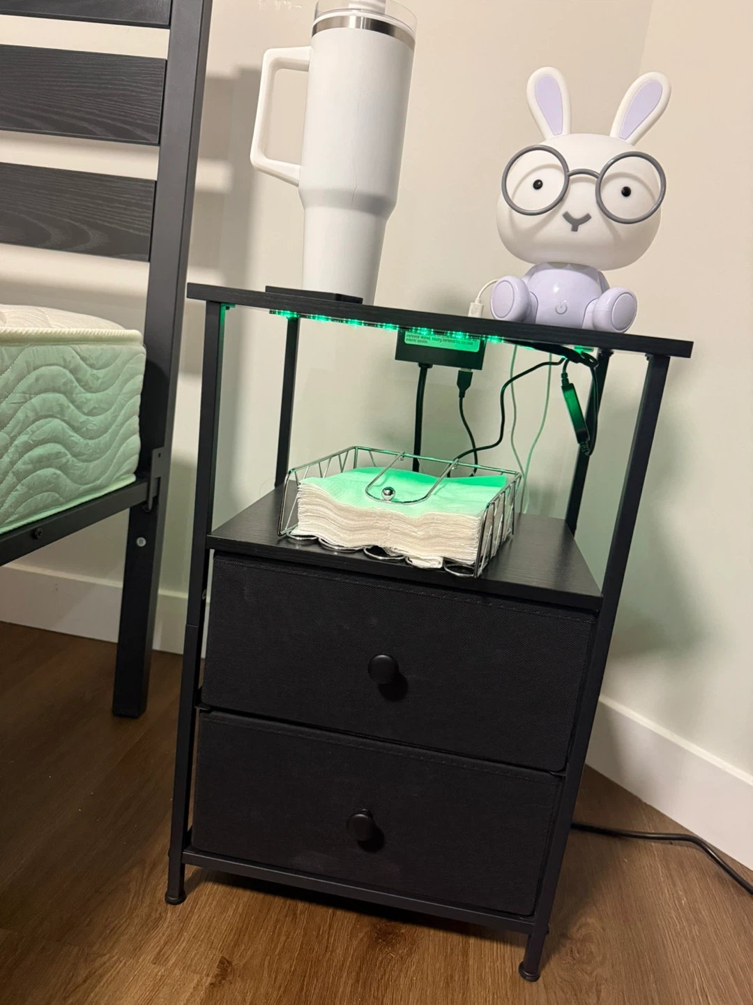 Black Metal Nightstand with 2 Drawers and LED Lights - photo 2