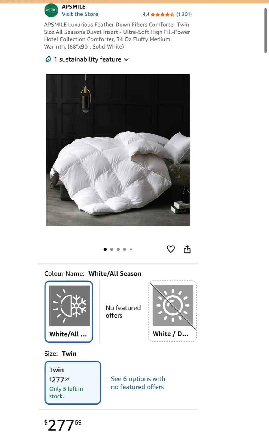 APSMILE Twin All Seasons Down Feather Duvet Insert