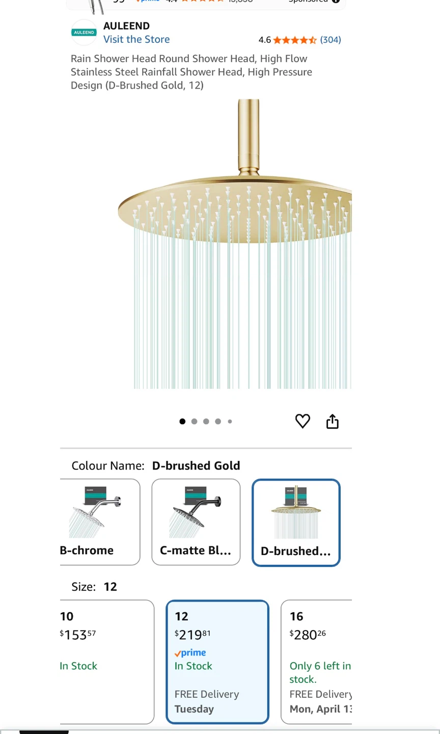AULEEND Rain Shower Head - 12 inch Brushed Gold