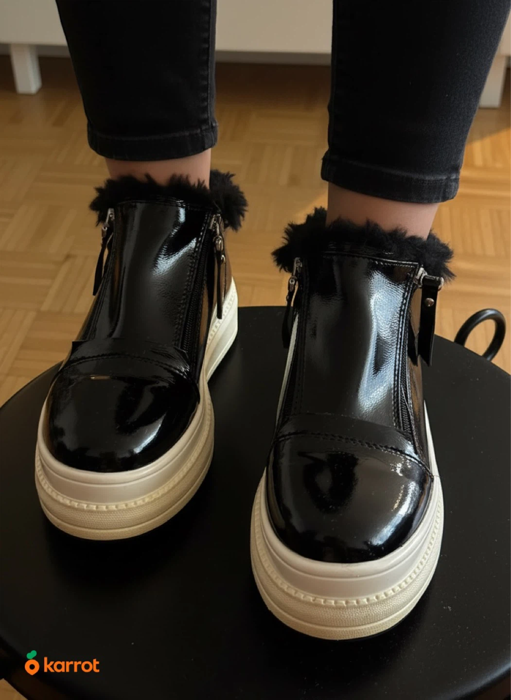 Black Patent Fur Trimmed Sneakers - photo 5