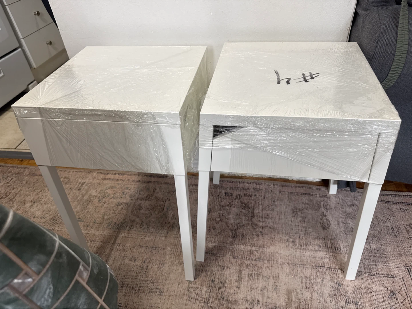 Two White Side Tables with Drawers