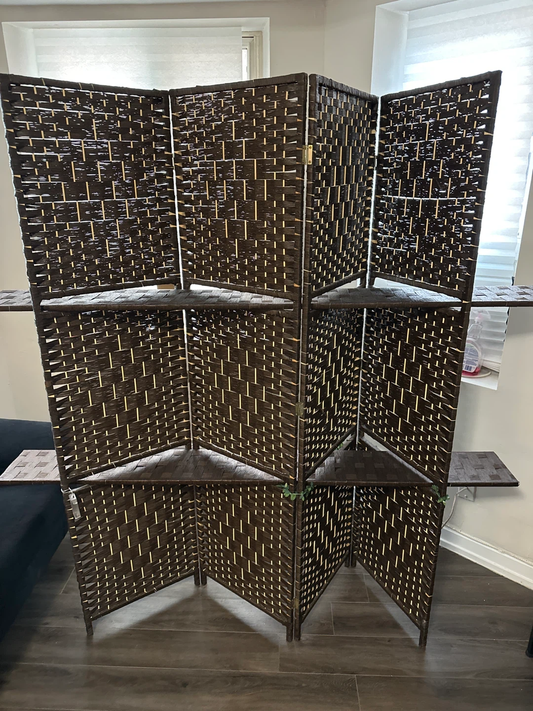 Dark Brown Woven Room Divider with Shelves
