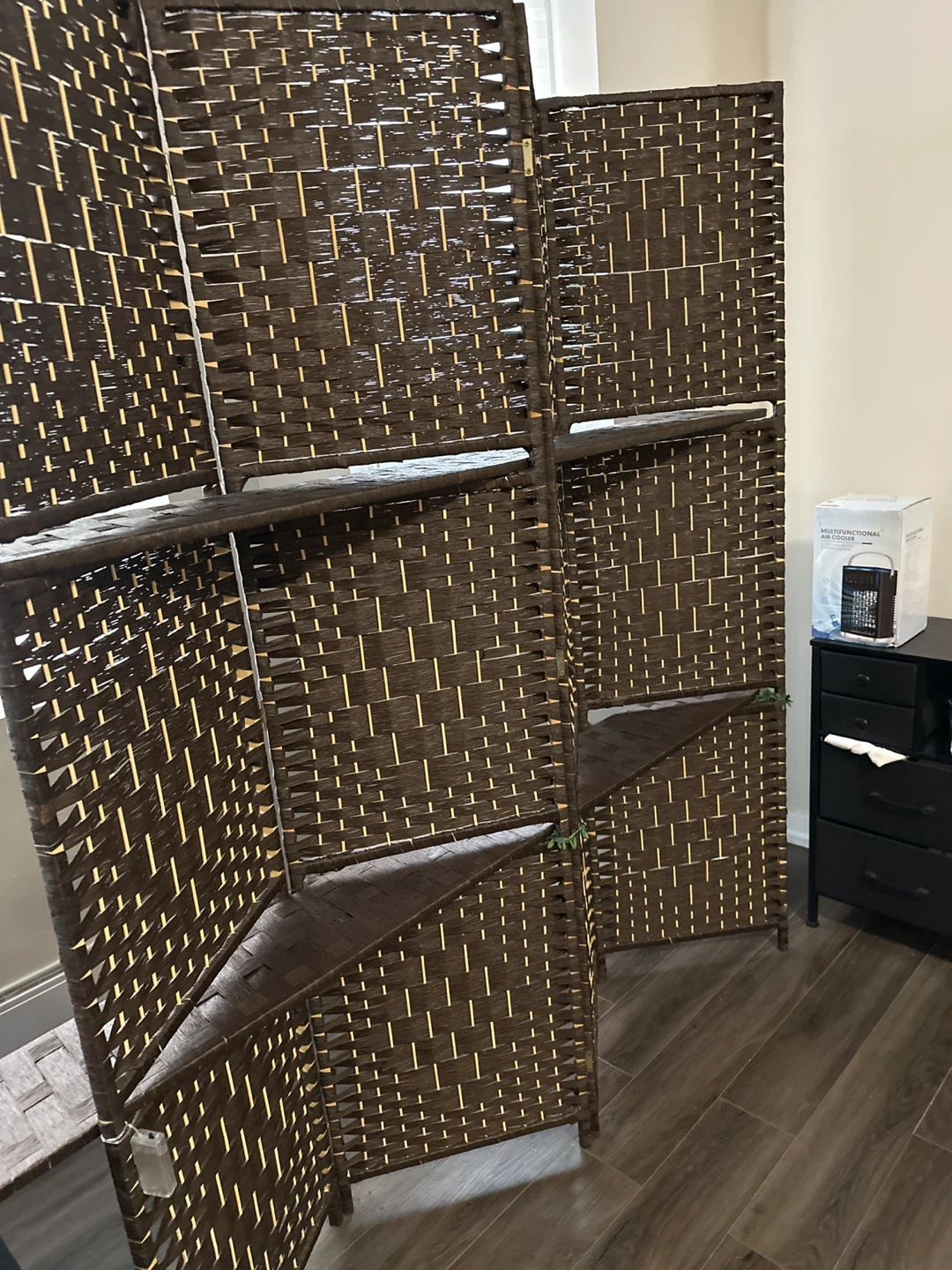 Dark Brown Woven Room Divider with Shelves - photo 2