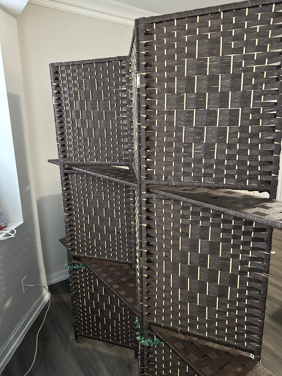 Dark Brown Woven Room Divider with Shelves - photo 3