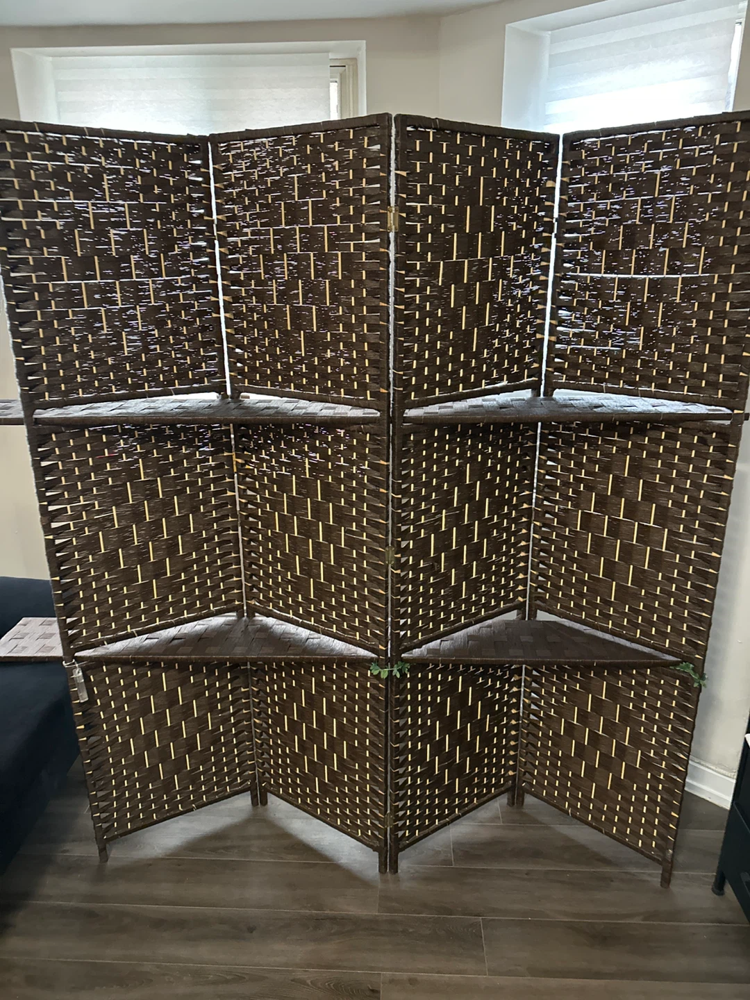 Dark Brown Woven Room Divider with Shelves - photo 4