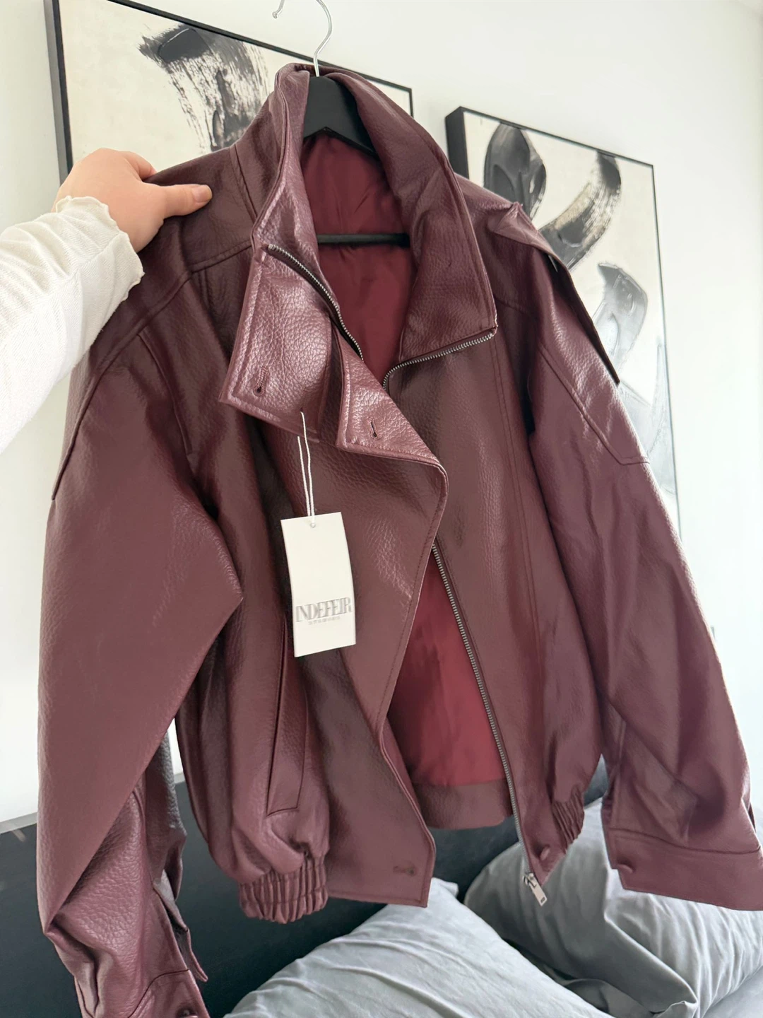 Indefier Faux Leather Bomber Jacket - Burgundy - Size L