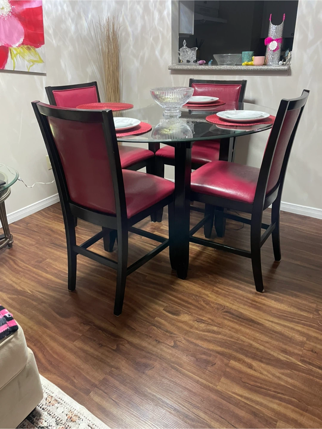Glass Top Dining Table Set with 4 Red Chairs